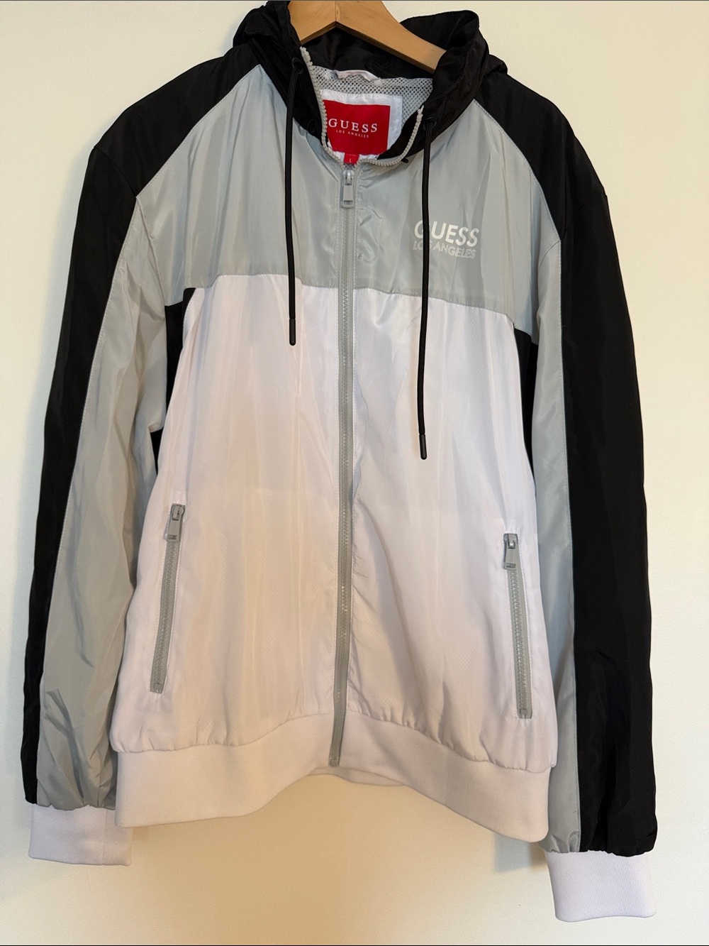 GUESS White, Light Gray & Black Colorblock Hooded Bomber Jacket